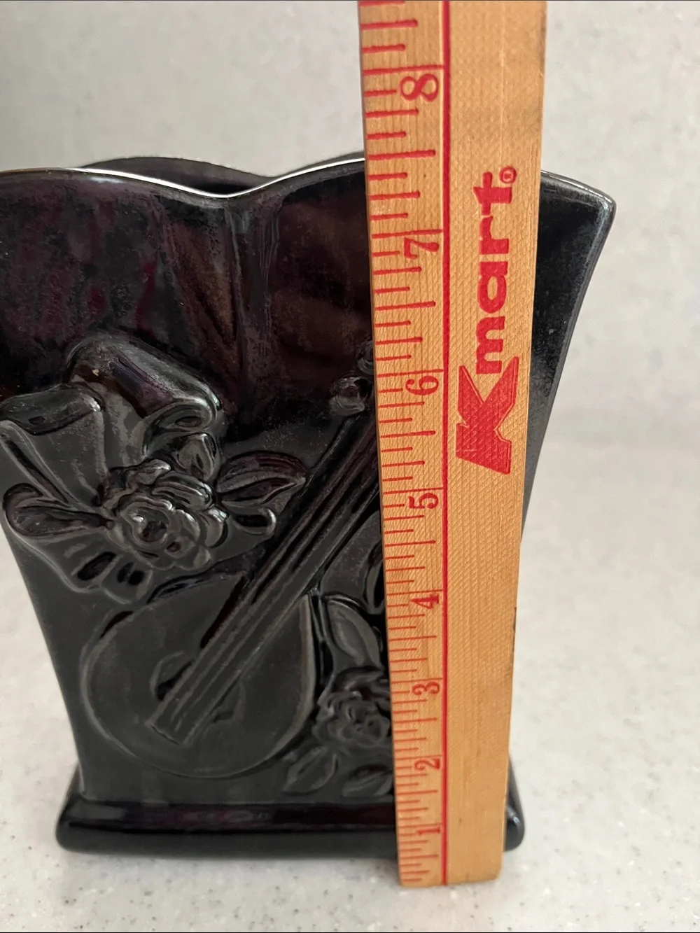 Vtg USA Art Pottery 216 BLACK Planter Vase Raised Mandolin & Roses Floral *READ*